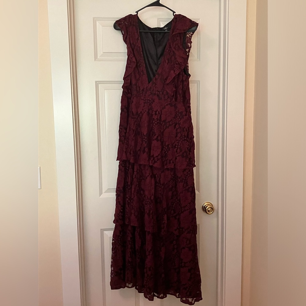 Tiered burgundy floor length formal dress